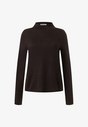 Maglione lungo a maniche lunghe di un marrone scuro con scollo alto, realizzato in tessuto morbido. Caratterizzato da una vestibilità comoda e un design minimalista senza fantasie.