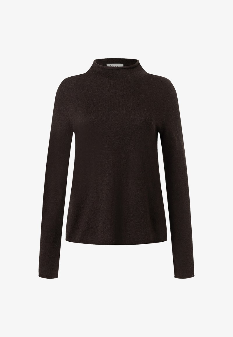 Mörkbrun långärmad tröja med hög krage, tillverkad av mjukt tyg. Har en avslappnad passform och en minimalistisk design utan mönster.