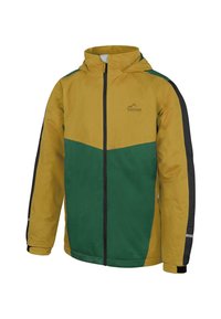 Gelb- und grünfarbige Kapuzenjacke mit schwarzen Akzenten, ausgestattet mit einem Reißverschluss vorne, zwei Seitentaschen und strukturiertem Stoff für den Außenbereich.
