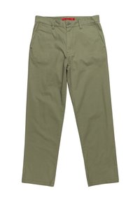 Khaki chinos med lige ben Desig, lavet af bomuld, med en knap- og lynlåslukning, to sidelommer og et rødt mærkelabel.
