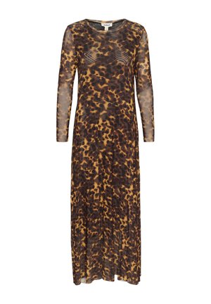 Hosszú, testhezálló ruha áttetsző, könnyű anyagból, leopárdmintázattal, barna és fekete árnyalatokban, kerek nyakkivágással és hosszú ujjakkal.