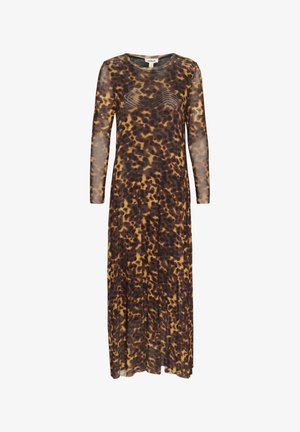 Hosszú, testhezálló ruha áttetsző, könnyű anyagból, leopárdmintázattal, barna és fekete árnyalatokban, kerek nyakkivágással és hosszú ujjakkal.