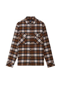 Camicia in flanella a quadri marrone e bianca con chiusura a bottoni, due tasche sul petto e colletto classico. Maniche lunghe con polsini abbottonati.