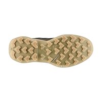 Trail-Schuhsohle mit einem strukturierten Gummi und Chevron-Lugs für besseren Halt. Die Farbe ist tan mit einem schwarzen Akzent in der Nähe der Ferse.