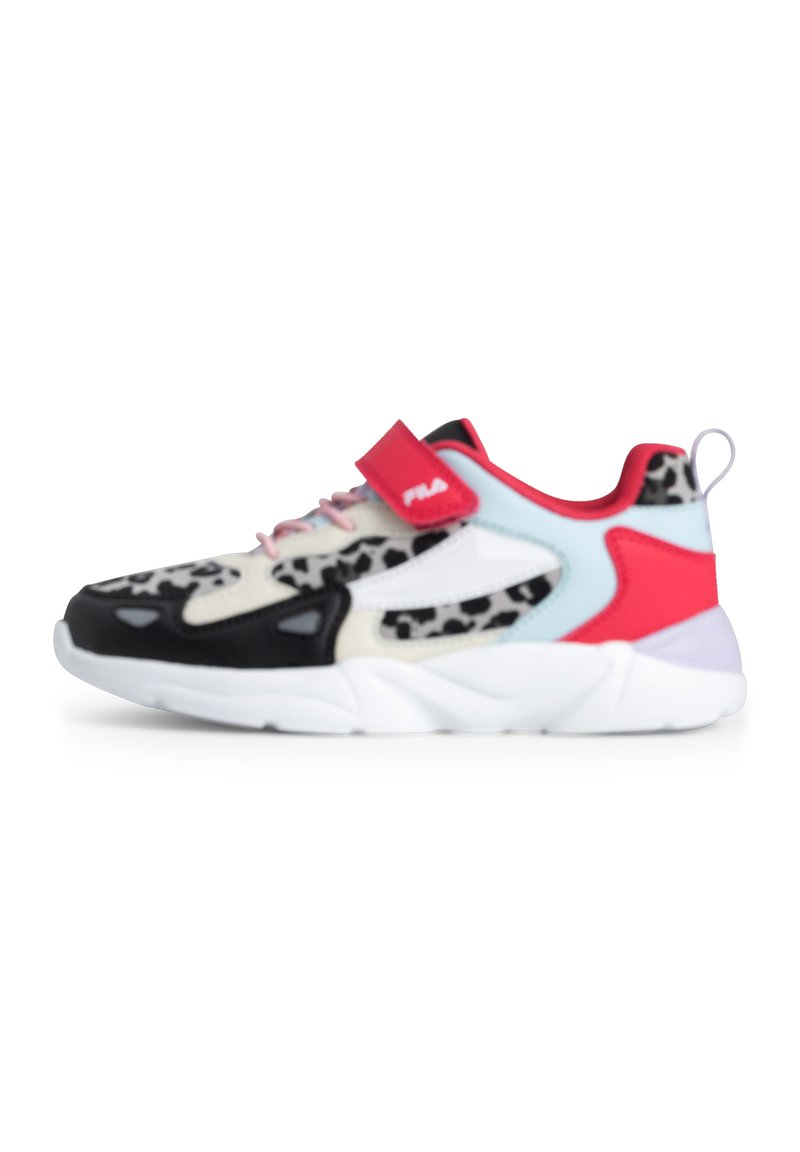 Scarpa sportiva per bambini con tomaia a stampa leopardata nera, bianca e grigia, dettagli rossi, lacci rosa e suola in gomma bianca. Chiusura con strap in velcro.