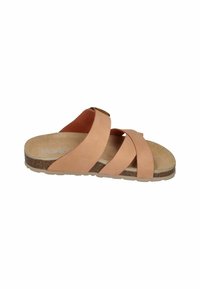 Tan leather slide sandal with crisscross straps, cork footbed, and rubber sole. Includes a gold-tone buckle accent on the strap.