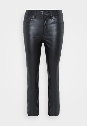 Mustad nahkpüksid, mis on slim fit, esipocketid, nööbiga sulgemine ja kerge läikega. Jalgade lõige on sirge ning on detailitud õmblustega.