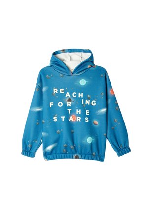 Blauwe hoodie met een melkwegprint, met planeten en sterren, en de tekst "REACH FORING THE STARS" in het wit. Zachte, met fleece gevoerde binnenkant.