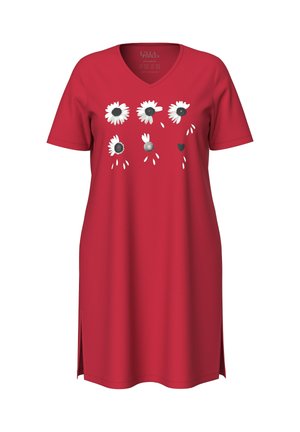 Vestido rojo de manga corta con escote en V, con gráficos de margaritas blancas y un pequeño diseño de corazón; con aberturas laterales para mayor comodidad al moverse.