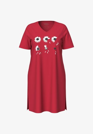 Czerwona sukienka z krótkim rękawem i dekoltem w serek, zdobiona białymi grafikami stokrotek oraz małym wzorem serca; posiada boczne rozcięcia dla ułatwienia ruchu.