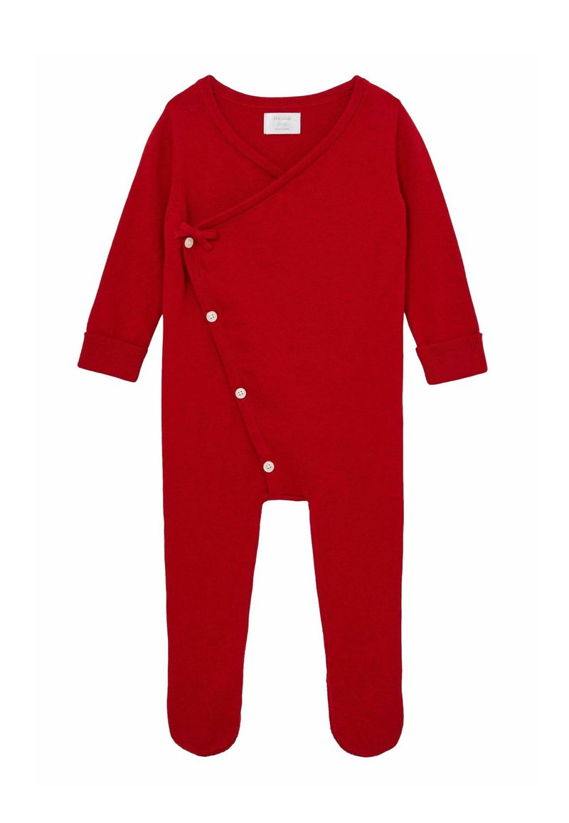 Punainen neulottu haalari pitkillä hihoilla, kietaisu设计, etupainonapit ja koristeellinen solk yksityiskohta sivulla. Pehmeä rakenne.