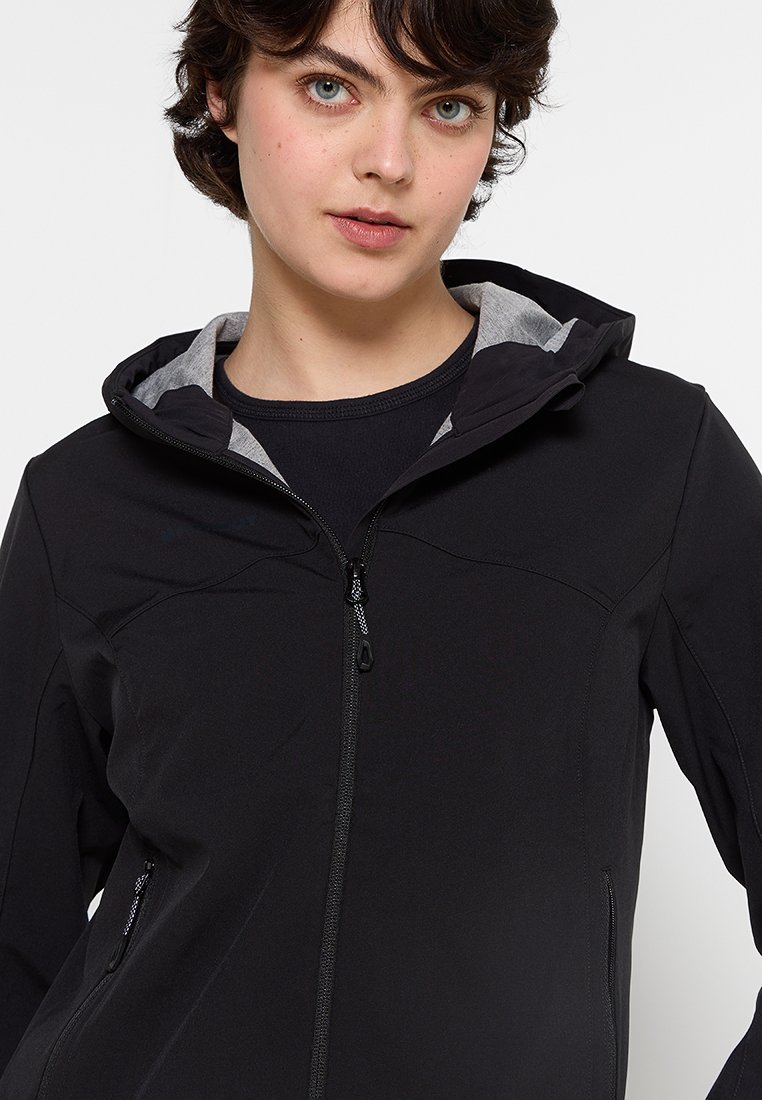 Schwarze Kapuzenjacke mit einem Reißverschluss an der Vorderseite, grauem Innenfutter, zwei Seitentaschen und einem glatten, leichten Stoff. Sie hat eine taillierte Passform und feine Nähte.