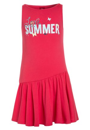 Rode mouwloze jurk met een uitlopende rok. Kenmerkt kleurrijke tekst "Love Summer" en vlinders. Gemaakt van zachte, rekbare katoenen stof.