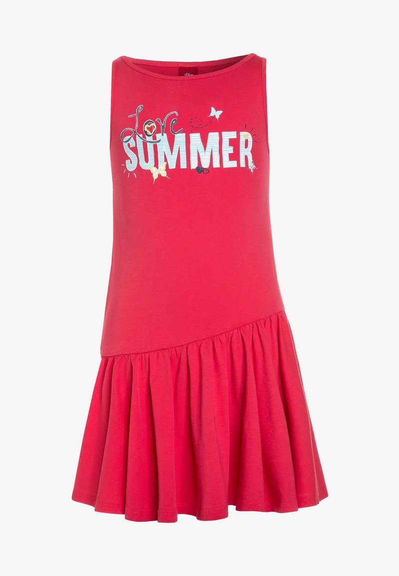 Robe sans manches rouge avec une jupe évasée. Présente un texte coloré "Love Summer" et des papillons. Fabriquée à partir d'un matériau en coton doux et extensible.