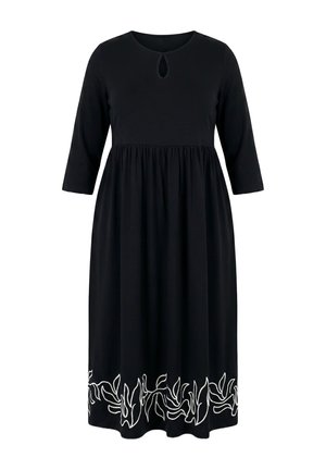 Ulla Popken, LEAF BORDER PRINT EMPIRE WAIST 3/4 SLEEVE JERSEY POCKET DRESS - Robe en jersey - black