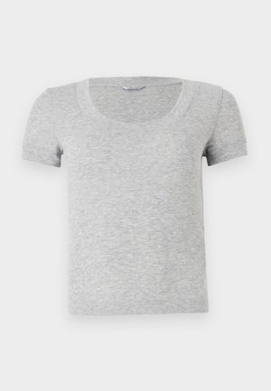 Gray short-sleeve T-shirt with a rounded neckline, made of soft, textured fabric. Features a standard fit design and simple stitching details.