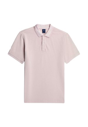 Light pastel pink short-sleeve polo shirt with two buttons, ribbed collar, and subtle embroidered logo on the left chest.