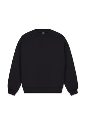Sweatshirt negru, fabricat dintr-un amestec de bumbac, cu decolteu rotund, mâneci lungi, mansete cu pliuri și o croială lejeră. Fără modele sau grafice.