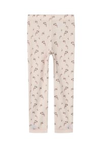 Ljust rosa leggings med ett blommigt mönster som har små vinröda och gröna blad. Mjuk, stretchig tyg, avslutad med en sydd sidsöm.