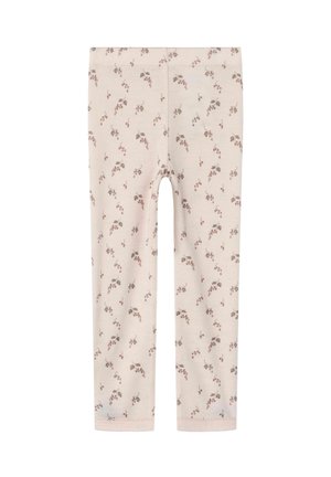 Leggings rosa chiaro con un motivo floreale caratterizzato da piccole foglie bordeaux e verdi. Tessuto morbido e elasticizzato, rifinito con un orlo cucito.
