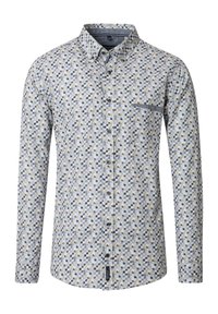 Langarm overhemd met geometrisch patroon in tinten blauw, grijs en beige, met een borstzak en een geknoopte kraag.