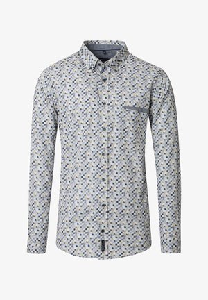 Langarm overhemd met geometrisch patroon in tinten blauw, grijs en beige, met een borstzak en een geknoopte kraag.