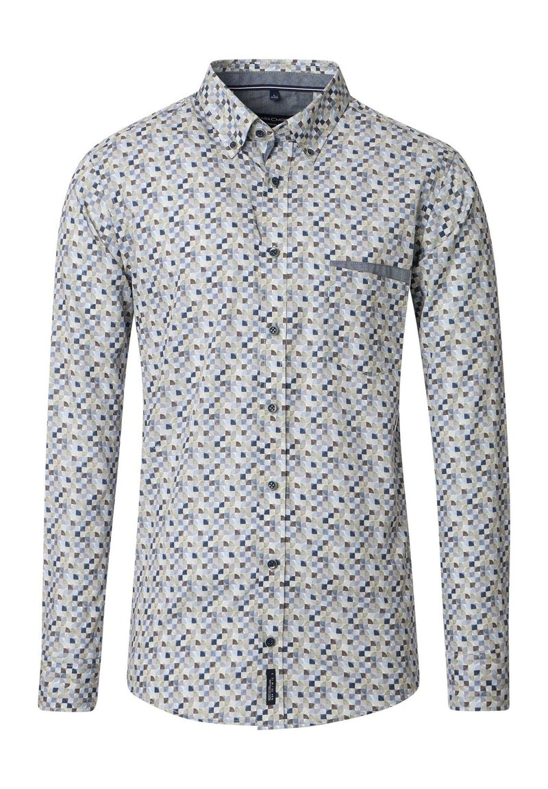 Langarm overhemd met geometrisch patroon in tinten blauw, grijs en beige, met een borstzak en een geknoopte kraag.