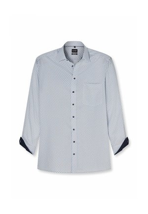 Camicia da uomo a maniche lunghe con bottoni, con piccolo motivo geometrico blu e nero e polsini interni scuri, mostrata distesa su sfondo bianco.