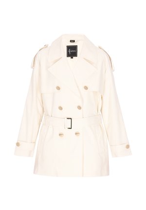 Trenchcoat i cremefarve, dobbeltradet med guldfarvede knapper, bælte i taljen, stor krave og skulderstropper. Glat stoftekstur.