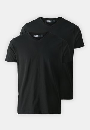 Two black v-neck t-shirts made of soft cotton. Features short sleeves and a clean design with no visible patterns or accents.