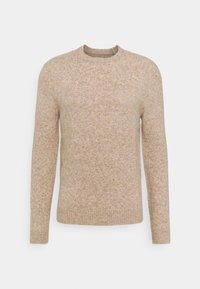Beige gestrickter Pullover mit langen Ärmeln, rundem Halsausschnitt, gerippten Bündchen und Saum. Er hat eine weiche Textur und eine dezente Farbtonvariation.