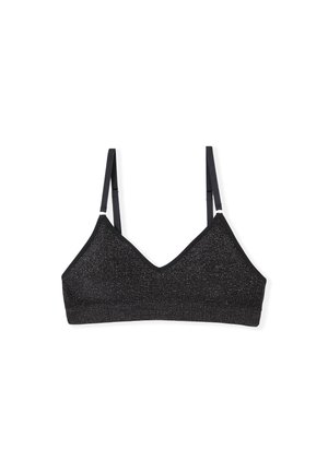 Black bralette with a metallic sheen, triangular cups, thin adjustable straps, and a wide underband. Soft texture with a sparkly finish.