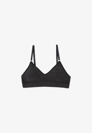 Black bralette with a metallic sheen, triangular cups, thin adjustable straps, and a wide underband. Soft texture with a sparkly finish.