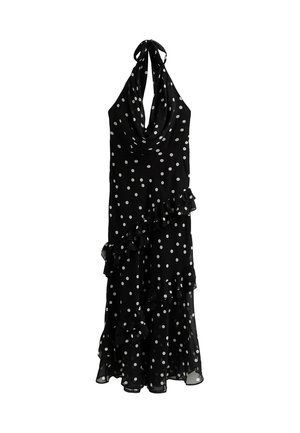 Zwarte jurk met polkadots, halternek, verwijde halslijn en gerende zoom. Lichtgewicht stof met een vloeiende uitstraling en witte cirkelpatronen.