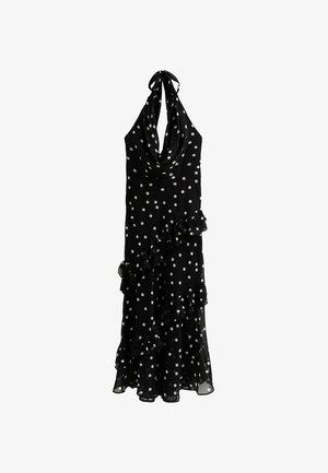 Zwarte jurk met polkadots, halternek, verwijde halslijn en gerende zoom. Lichtgewicht stof met een vloeiende uitstraling en witte cirkelpatronen.