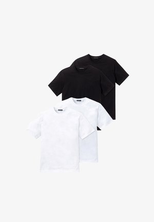 Tre magliette a maniche corte in bianco e nero. Il tessuto appare liscio con un design semplice a girocollo. Nessun motivo o accento visibile.