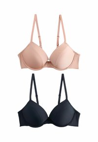 Twee bh's: een in licht naakt met gladde cups en verstelbare bandjes, en een in donker marineblauw met een vergelijkbaar ontwerp en functies.