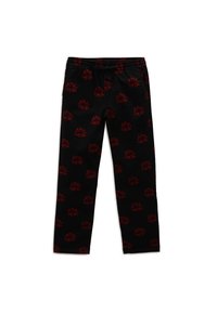 Pantalon noir à texture lisse, orné d'un motif floral rouge. Taille élastique avec cordon de serrage, coupe fuselée.