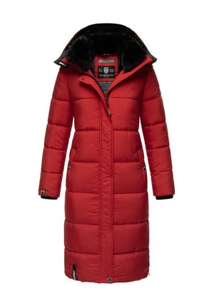 Red long puffer coat with a high collar, zippered front, and side pockets. Features a quilted design and a soft black fur lining.