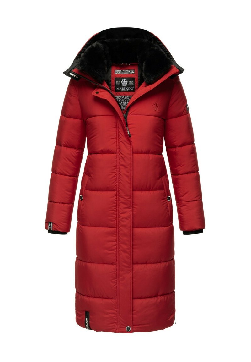 Red long puffer coat with a high collar, zippered front, and side pockets. Features a quilted design and a soft black fur lining.