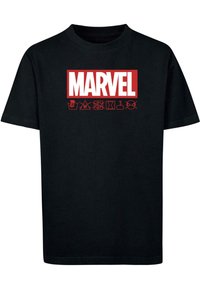 Black cotton T-shirt featuring a bold red "MARVEL" logo with various symbols underneath. Crew neck and short sleeves design.