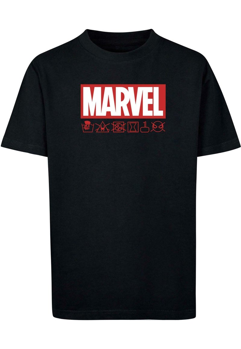 Black cotton T-shirt featuring a bold red "MARVEL" logo with various symbols underneath. Crew neck and short sleeves design.