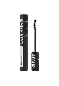 Un tubetto di mascara cilindrico nero con etichetta "Lash Affair" di Bellàoggi, accanto ad un pennello curvo su sfondo bianco.