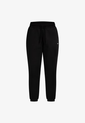 Schwarze Jogginghose mit Kordelzugbund, Bündchen an den Knöcheln und einem kleinen Logodetail. Hergestellt aus weichem, strukturiertem Stoff für Komfort.