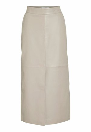 Beige midi leather skirt with panel detailing and high waist, straight fit, and subtle front slit.