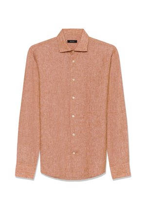 Cămașă cu mâneci lungi din țesătură de in de culoare piersică deschisă, cu guler clasic, cu nasturi în față și tiv rotunjit. Textură subtilă pe întreaga suprafață.
