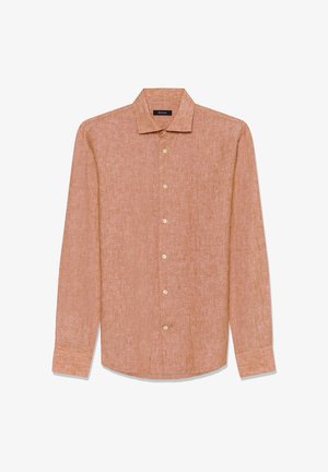 Lange mouwen shirt van licht perzik linnen stof, met een klassieke kraag, knopen aan de voorkant en een afgeronde zoom. Subtiele textuur over het hele oppervlak.