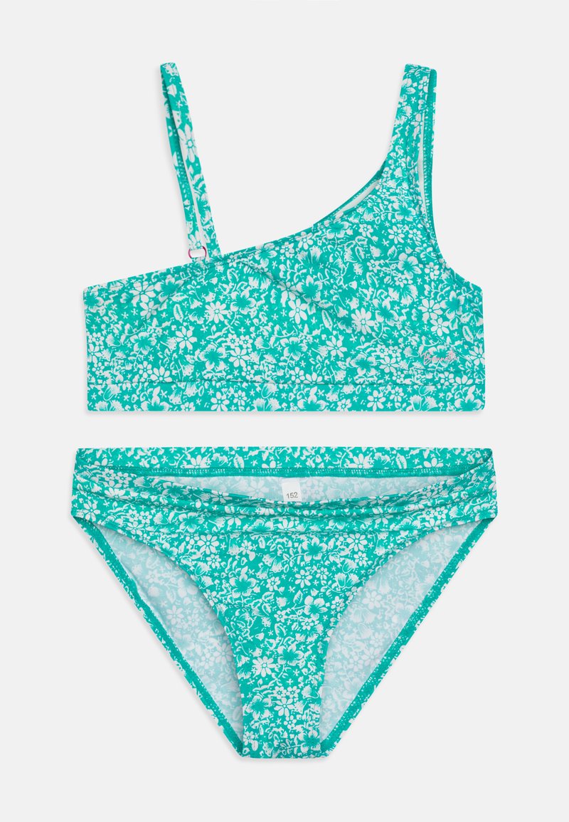 Τιρκουάζ μπικίνι σετ που περιλαμβάνει τοπ με ένα ώμο με λουλουδάτο μοτίβο και ταιριαστά μαγιό. Μαλακό ύφασμα με ελαστικότητα για άνεση.