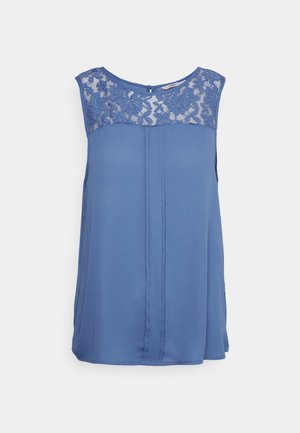 Sleeveless blue blouse with lace floral yoke at the neckline, round neck, and vertical seam details on front.