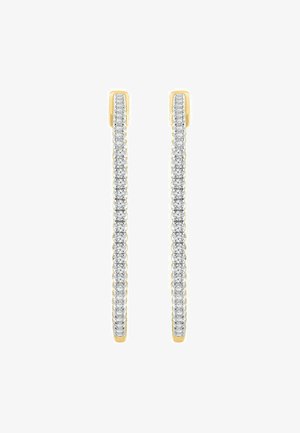 Lange goldene Ohrringe mit einer Reihe kleiner runder weißer Diamanten, die entlang der Vorderfläche eingefasst sind.